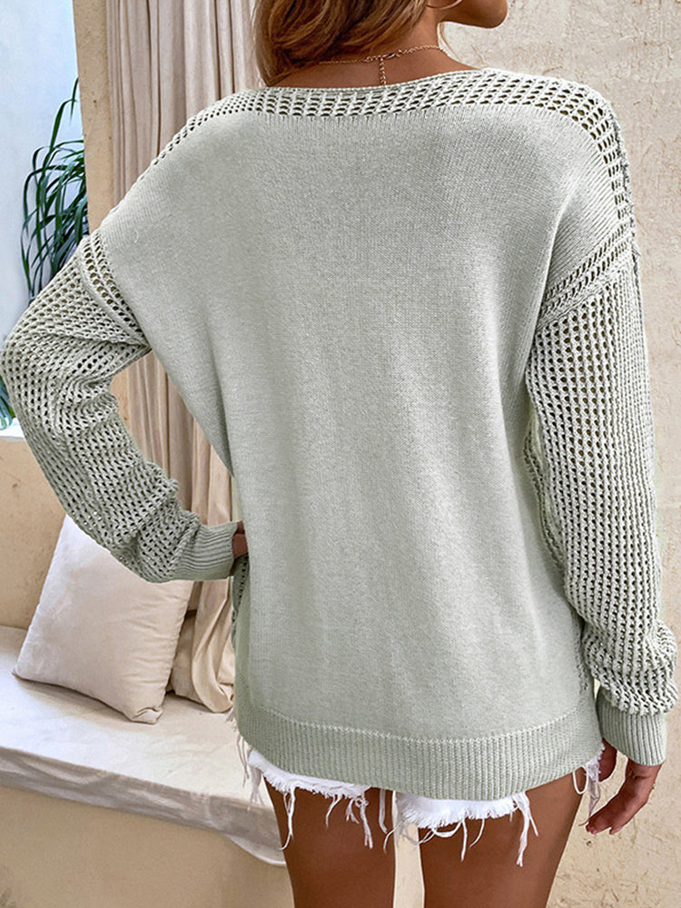 Long Sleeve Hollow Out Gray V Neck Pull Pink Loose Kitting Sweater