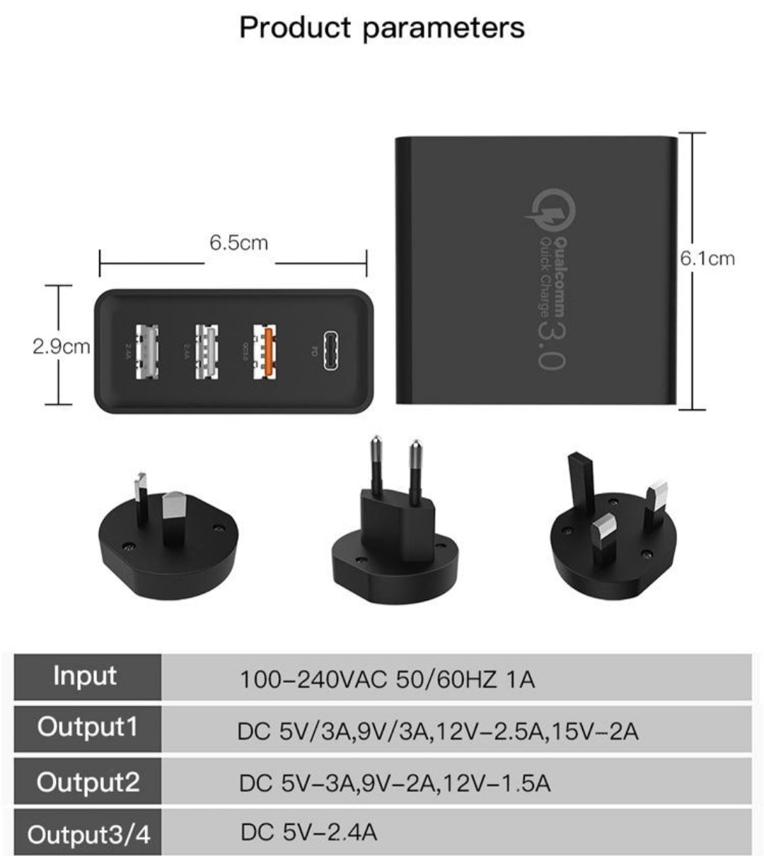 Adaptateur international 4 ports charge rapide USB1 USB2 Type C- EU UK AU